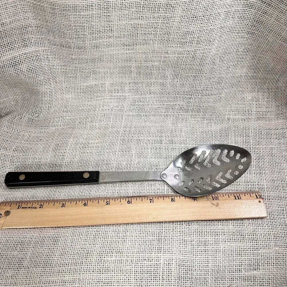 EKCO Stainless Vanadium Slotted Spoon Black Handle Made in‎ USA Kitchen Utensil